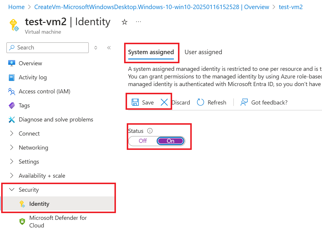 Screenshot that shows the Identity page with the System assigned status set to On.