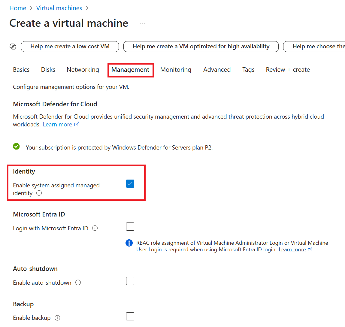 Screenshot showing how to enable system-assigned identity during VM creation.