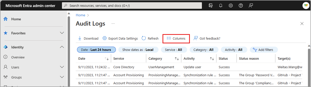Screenshot of the Columns button on the audit logs.