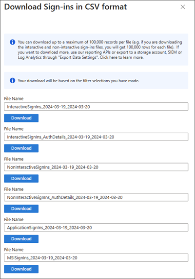 Screenshot of the download options for the sign-in logs.