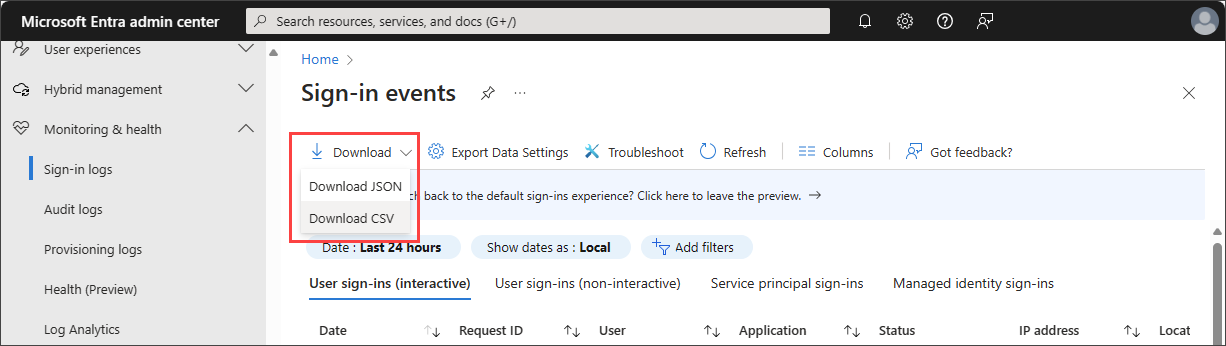 Screenshot of the download button options for sign-in logs.