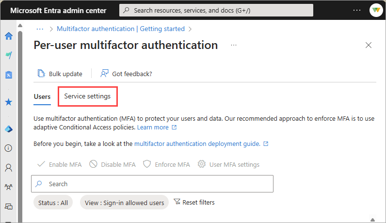 Screenshot of the MFA page with the Service settings tab selected.