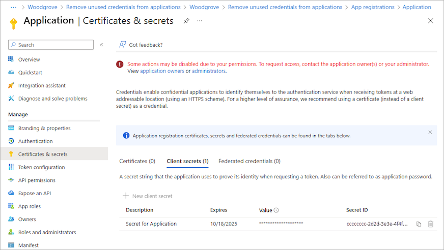 Screenshot of the Certificates and secrets section of Microsoft Entra ID.