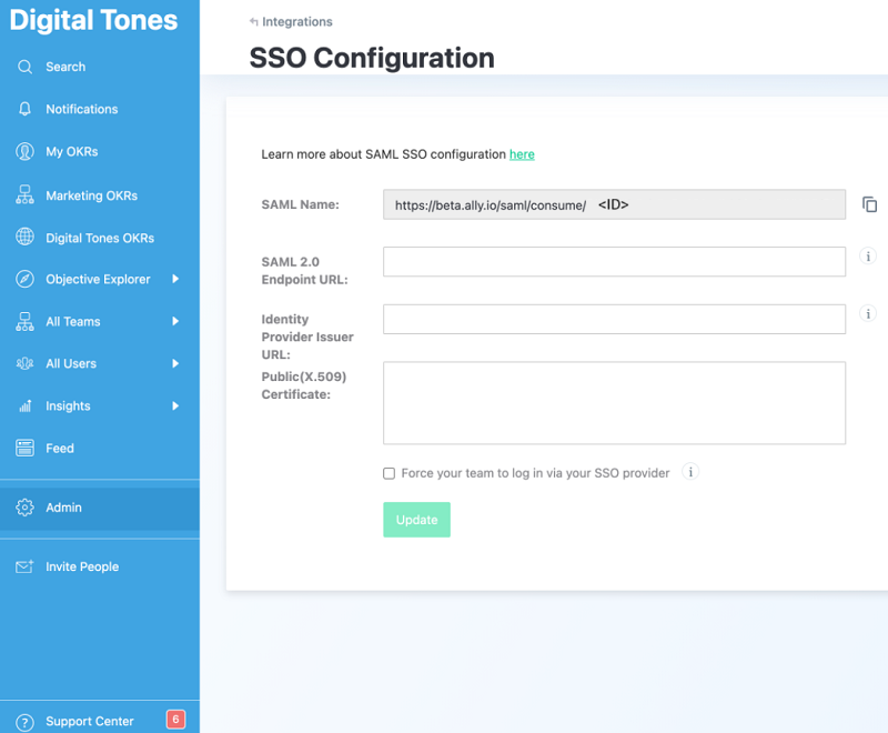 Screenshot that shows the S S O configuration pane in Ally I O.