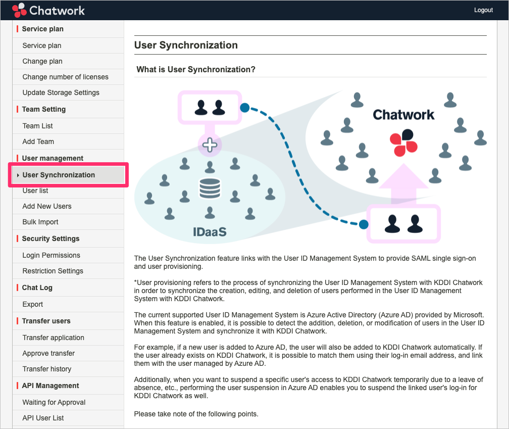 User Synchronization page