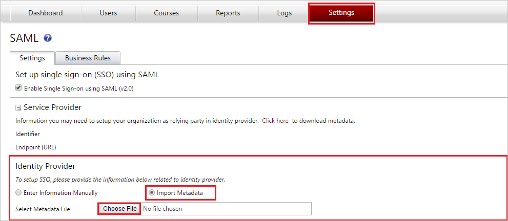 Screenshot shows SAML Settings where you can select the metadata file.