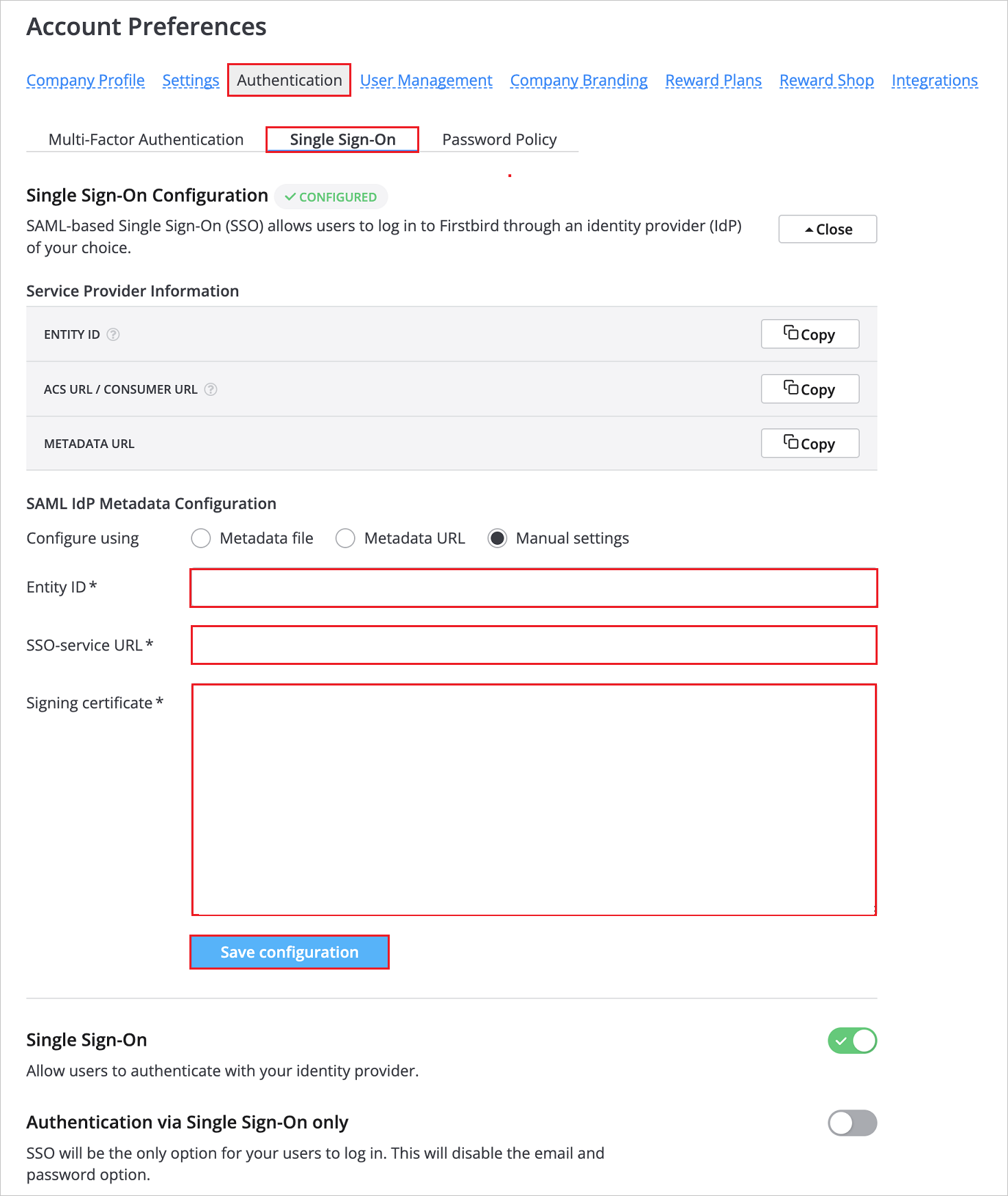 Screenshot shows how to upload the Federation Metadata.