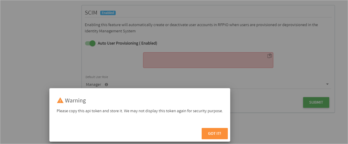 Screenshot of the S C I M section with the Warning dialog box that appears after you select SUBMIT.