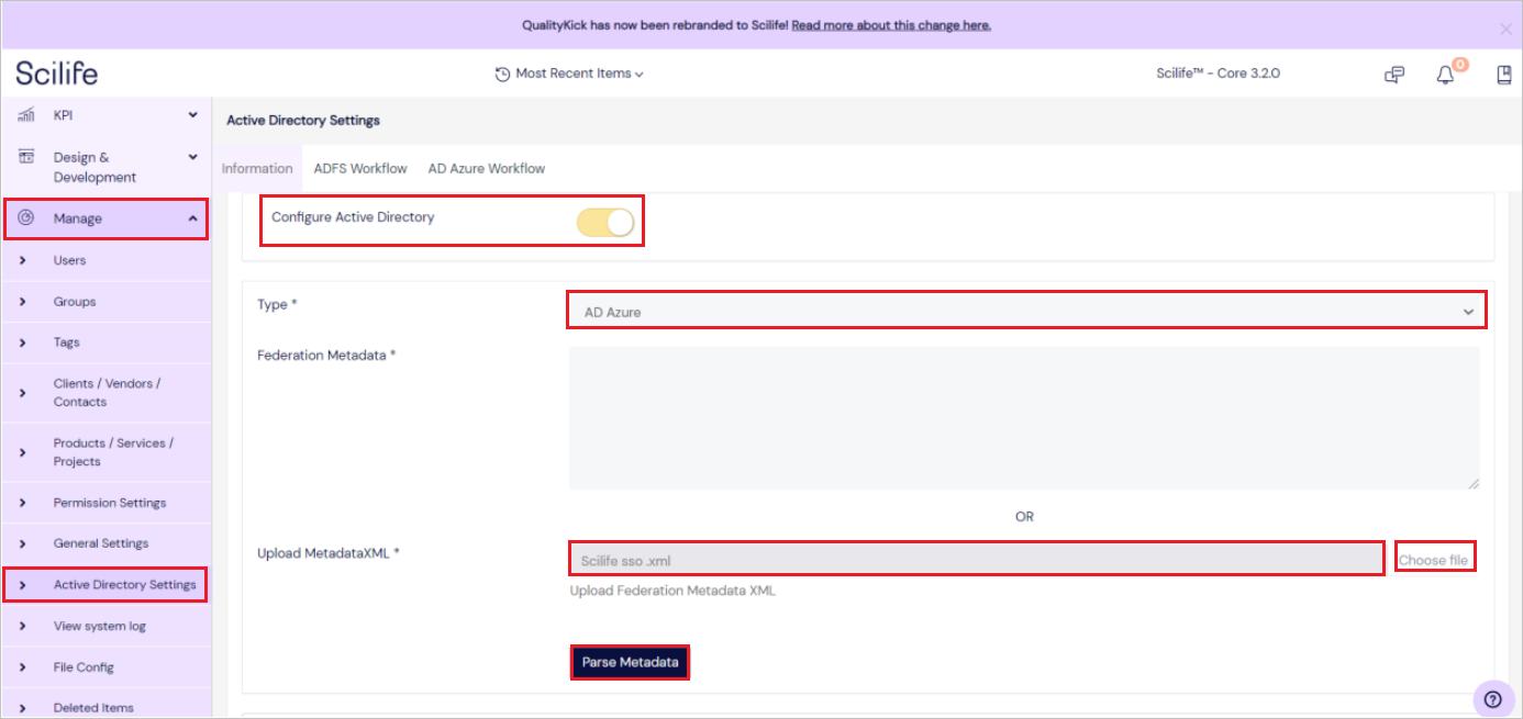 Screenshot shows the Scilife Azure administration portal.