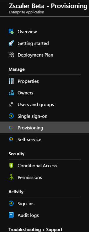 There is a list of tabs arranged into categories, and titled ZScaler Beta - Provisioning / Enterprise Application. The Provision tab of the Manage category is selected.