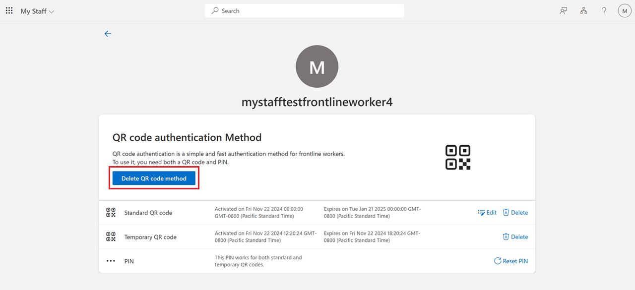 Screenshot that shows how to delete the QR code authentication method in My Staff.