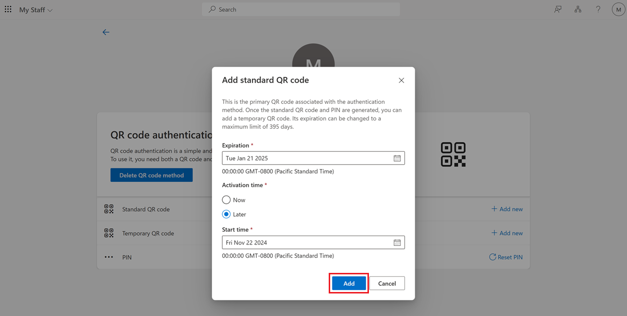 Screenshot that shows how to select the expiration date of a QR code in My Staff.