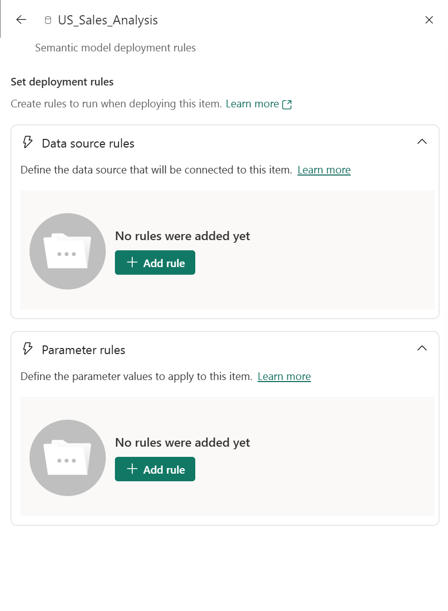 A screenshot of the new deployment rules pane. It shows a selected dataset and the two rule types, data source and parameter, you can configure for it.