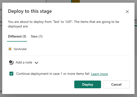 A screenshot of the replaced content warning displayed when a deployment is about to cause changes to items in the stage you're deploying to.