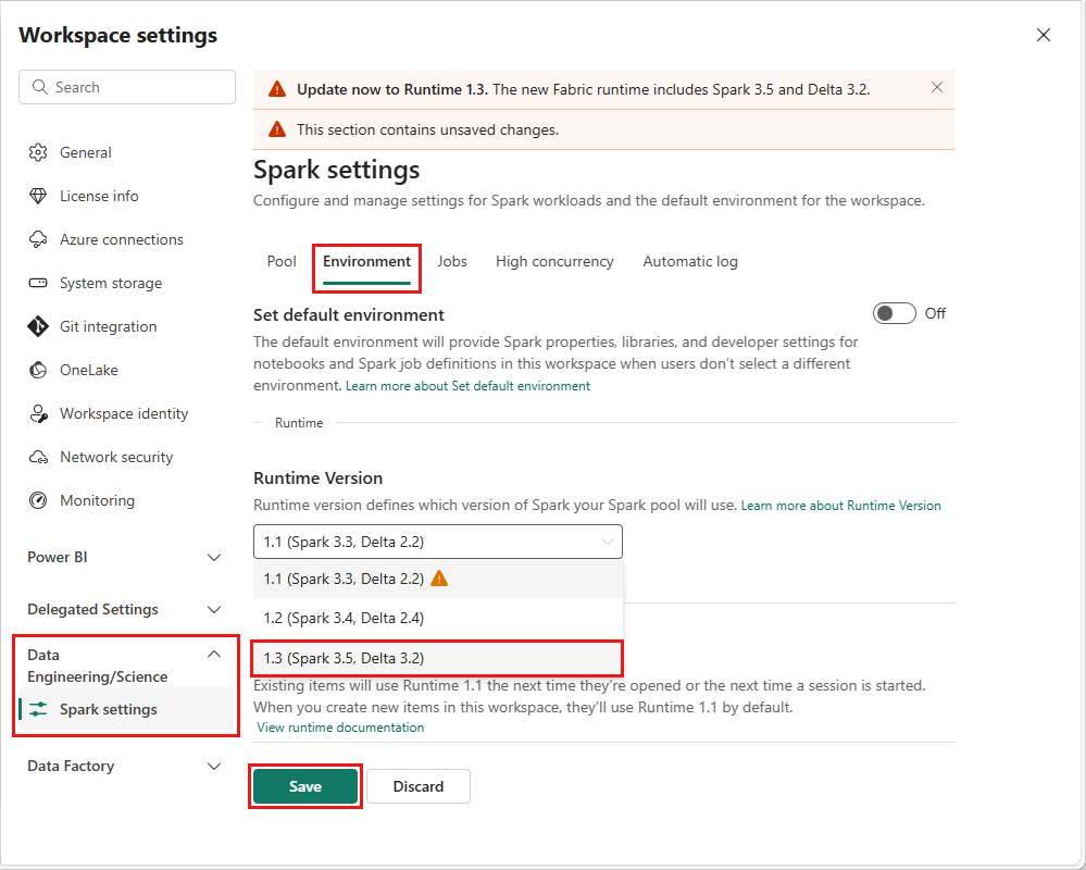 Screenshot showing how to change the runtime version in the workspace settings.