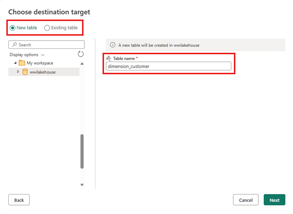 Screenshot showing how to choose the destination table.