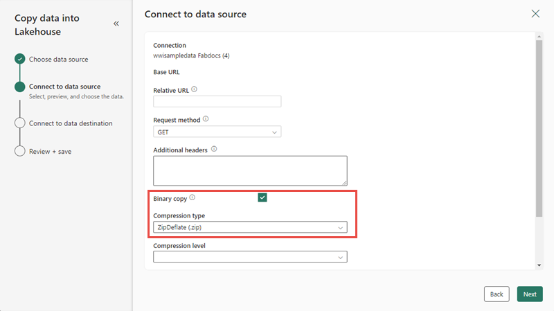 Screenshot showing how to choose a compression type.