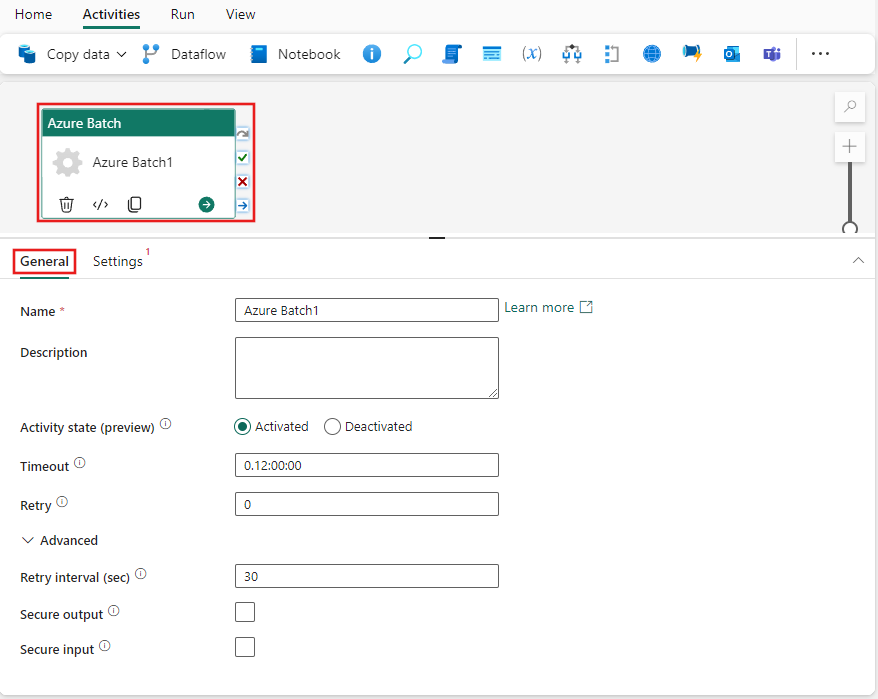 Screenshot showing the General settings tab of the Azure Batch activity.