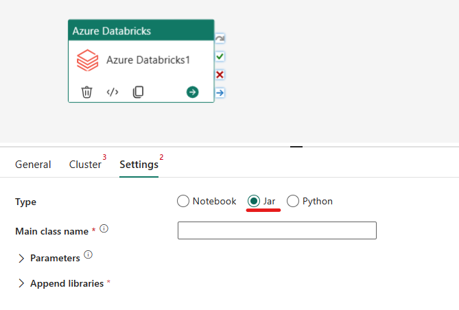 Screenshot showing the Jar type of the Azure Databricks activity.