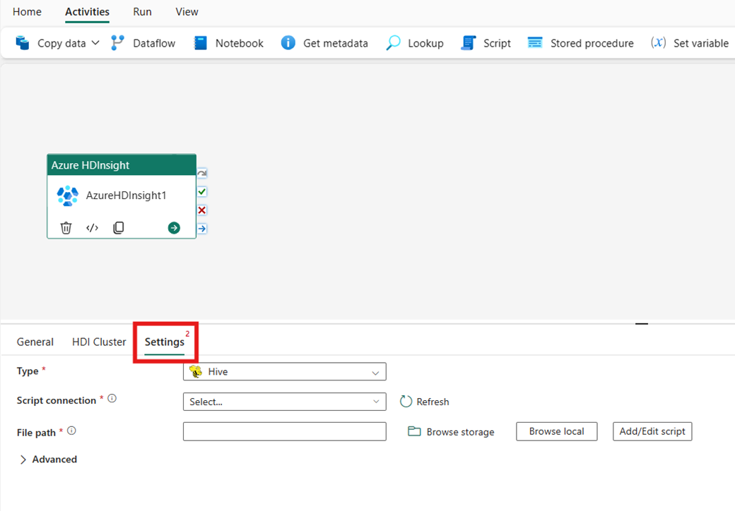 Screenshot showing the Settings tab of the Azure HDInsight activity properties in the pipeline editor window. .