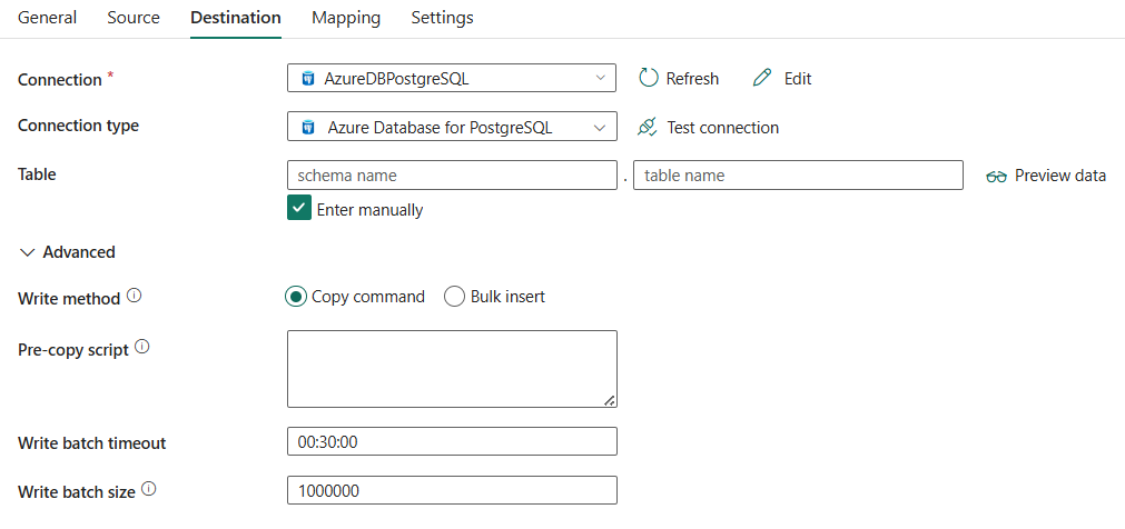 Screenshot showing destination tab and the list of properties.