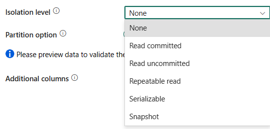 Screenshot showing Isolation level settings.