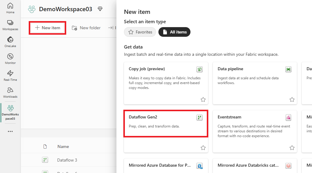 Screenshot showing a demo workspace with the new Dataflow Gen2 option highlighted.