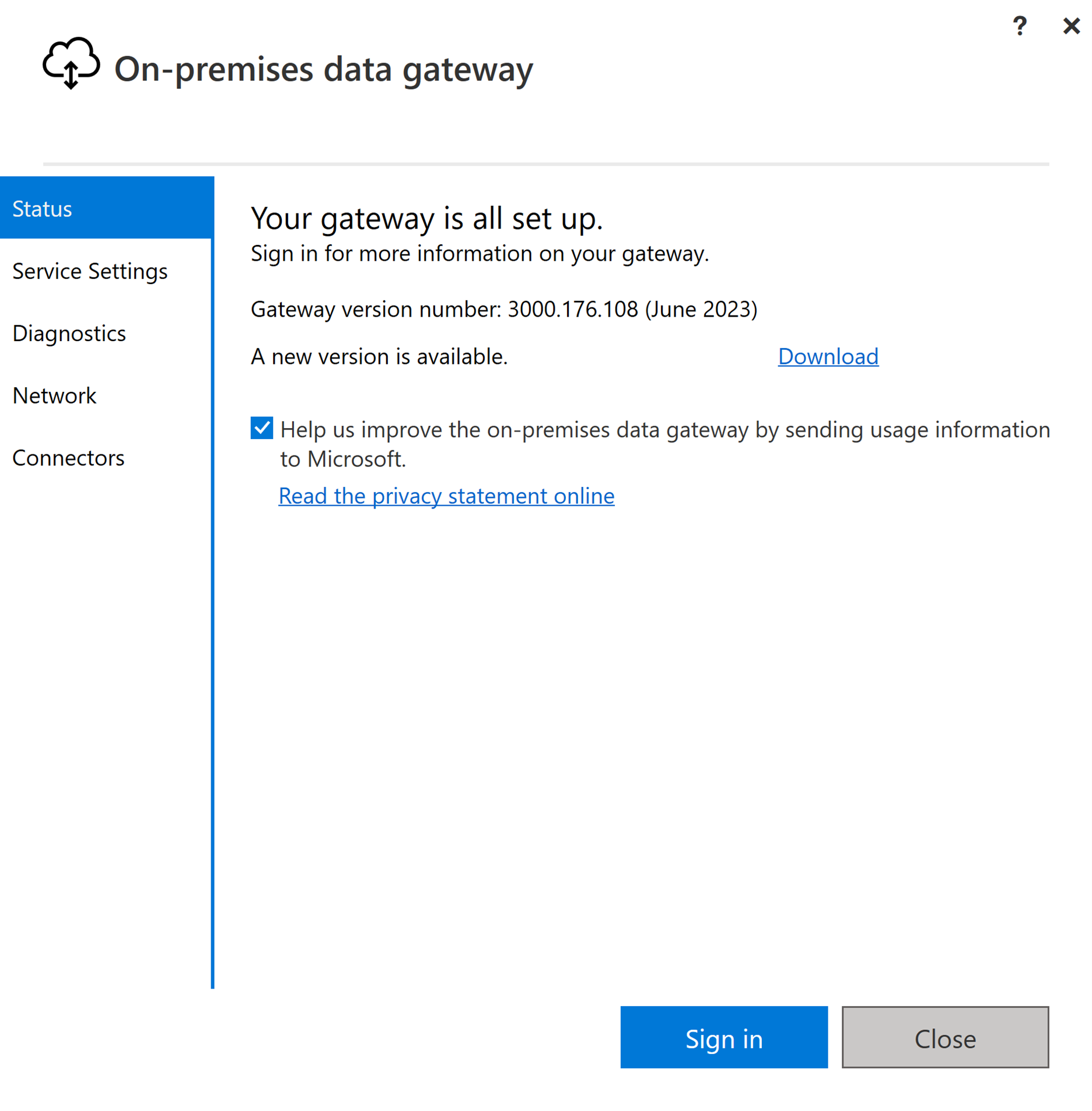 Screenshot showing the on-premises data gateway setup.