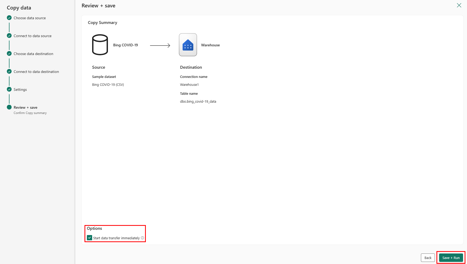 Screenshot showing the option to start the data transfer operation immediately, and the buttons Back and Save + Run.