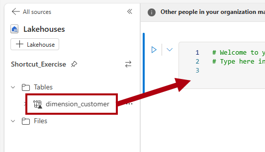 Screenshot of the Explorer pane, highlighting the dimension customer table drag to the notebook cell.