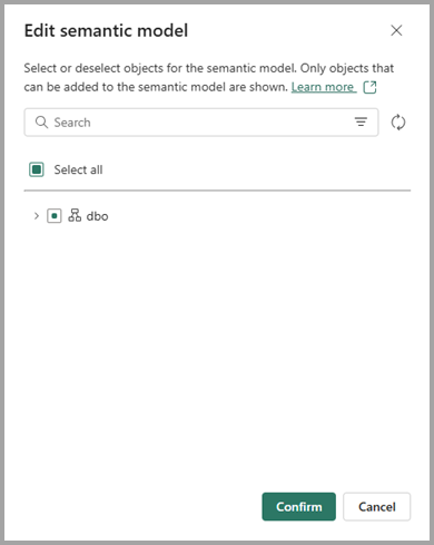 Screenshot of edit semantic model dialog.