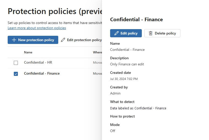 Screenshot of protection policy details pane.