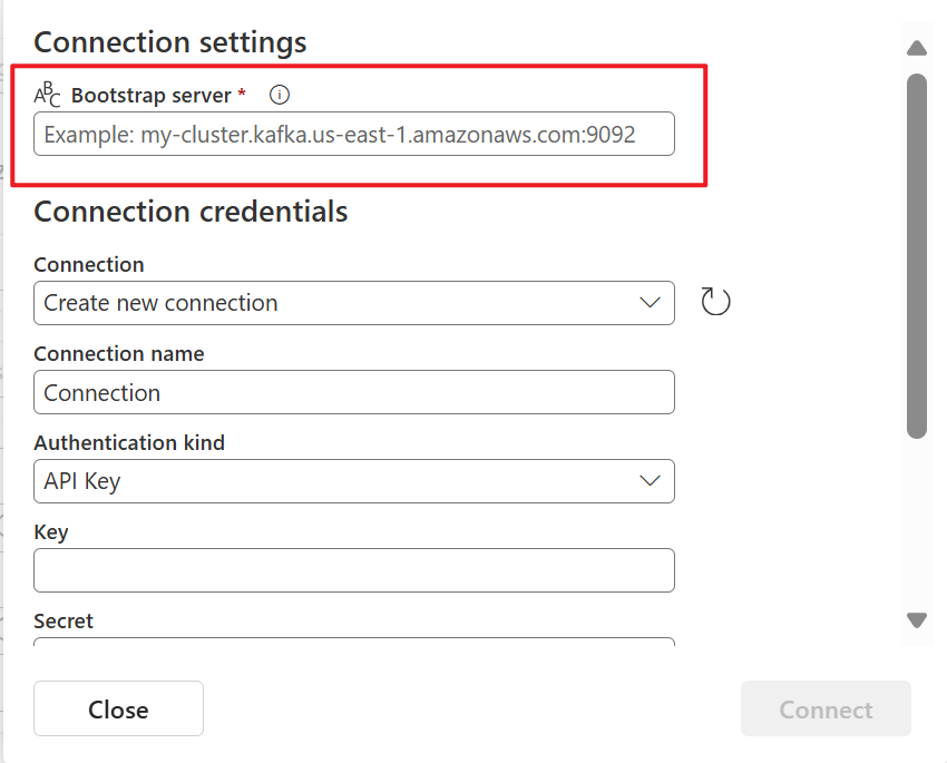 Screenshot that shows the selection of the Bootstrap server field on the Connect page of the Get events wizard.