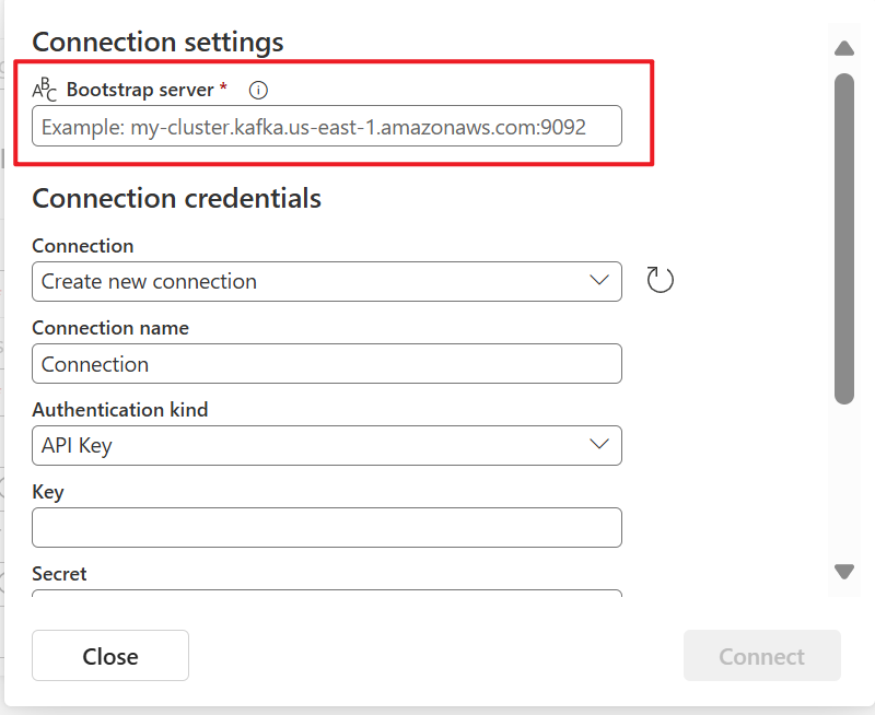 Screenshot that shows the selection of the Apache Kafka Bootstrap server field on the Connect page of the Get events wizard.