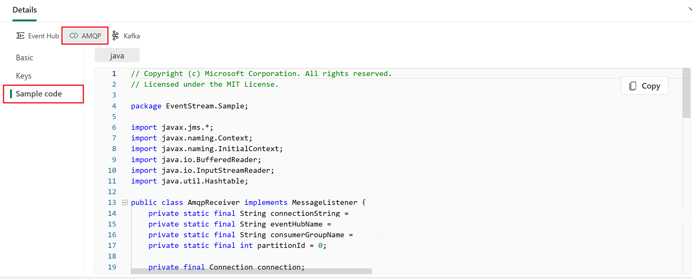 Screenshot that shows AMQP sample code on the Details pane of the eventstream live view.