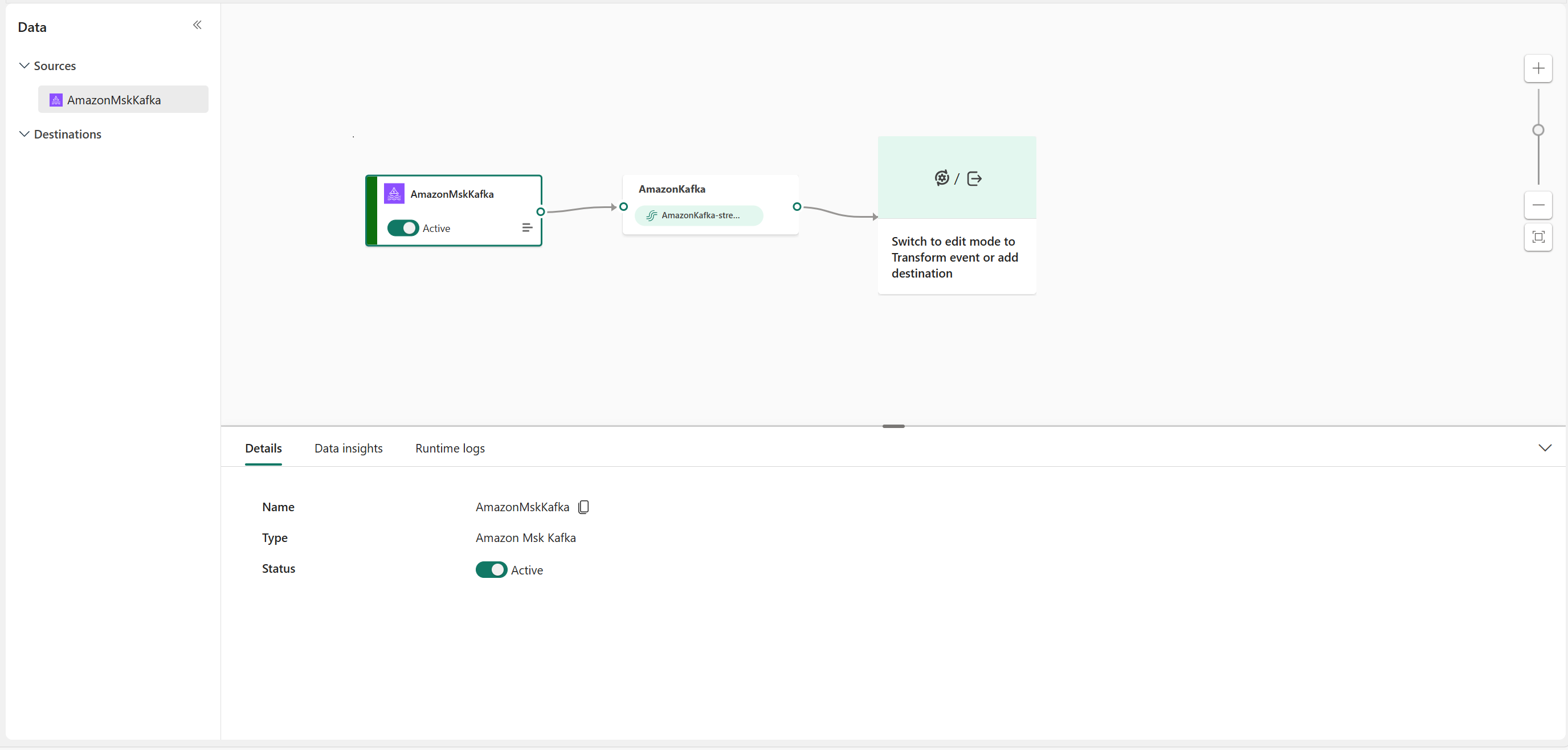 Screenshot that shows Amazon MSK Kafka source in Live view.