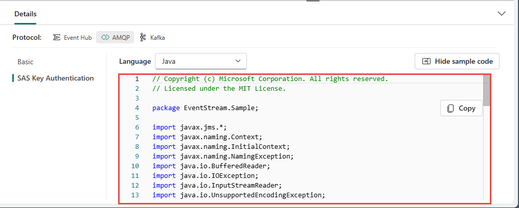 Screenshot that shows AMQP sample code on the Details pane of the eventstream live view.