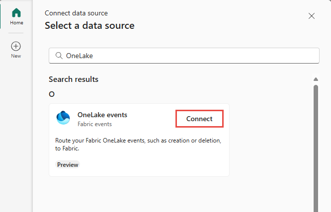 Screenshot that shows the selection of Fabric OneLake events as the source type in the Select a data source window.