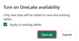 Screenshot of the OneLake section details in Real-Time Intelligence in Microsoft Fabric once Availability is set to On. The option to expose data to OneLake is turned on.