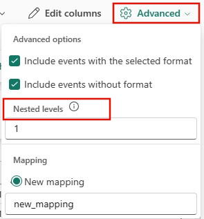 Screenshot of nested levels JSON options.