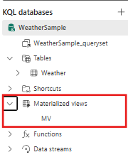 Screenshot of Explorer pane showing the database entities in Real-Time Intelligence. The dropdown list of materialized views is highlighted.