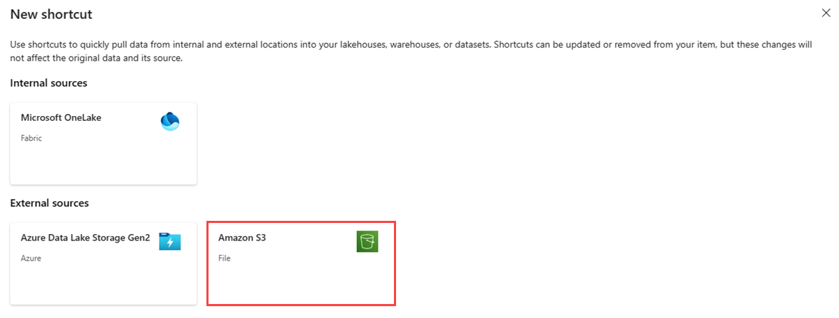 Screenshot of the New shortcut window showing the two methods for creating a shortcut. The option titled Amazon S3 is highlighted.