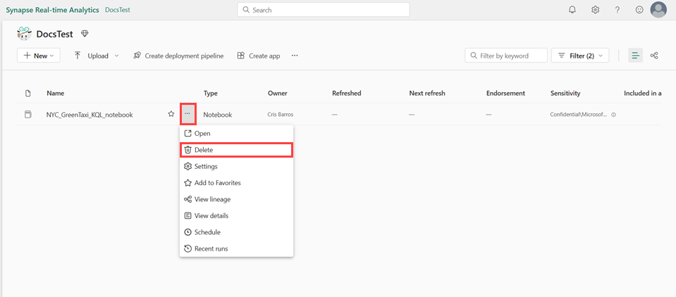 Screenshot of workspace showing the drop-down menu of the NYC GreenTaxi notebook. The option titled Delete is highlighted.