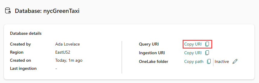  Screenshot of the database details card that shows the database details. The Query URI option titled Copy URI is highlighted.