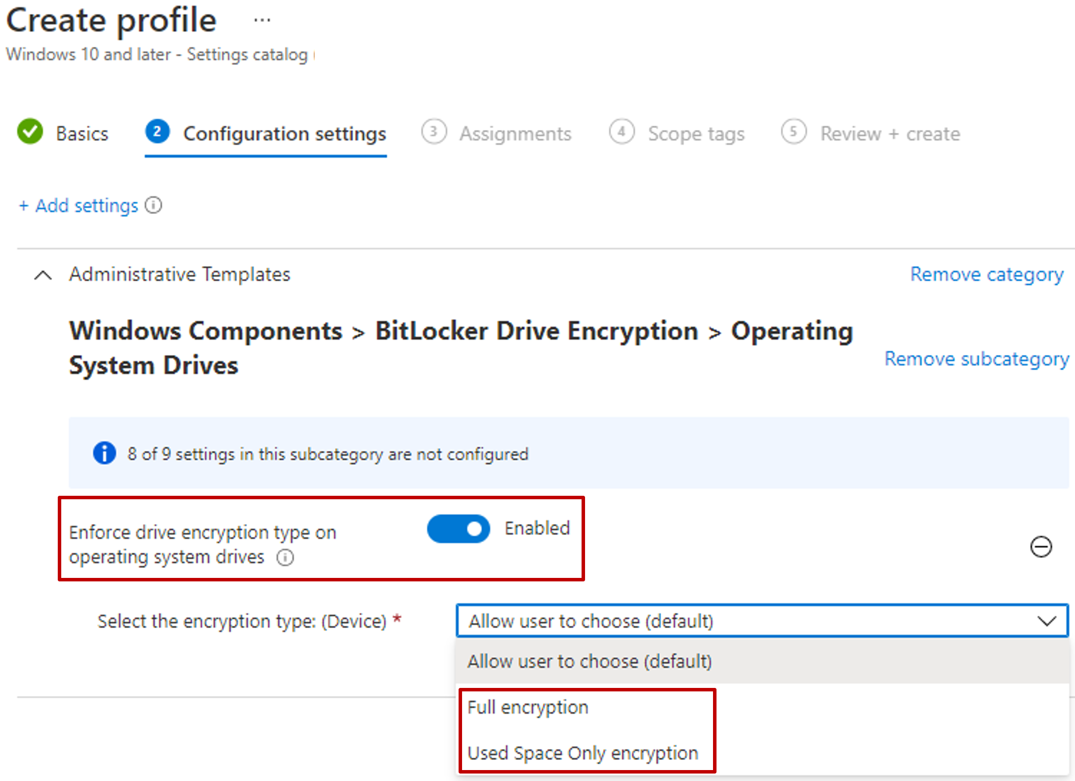 Screenshot of Intune settings catalog displaying Enforce drive encryption type on operating system drives