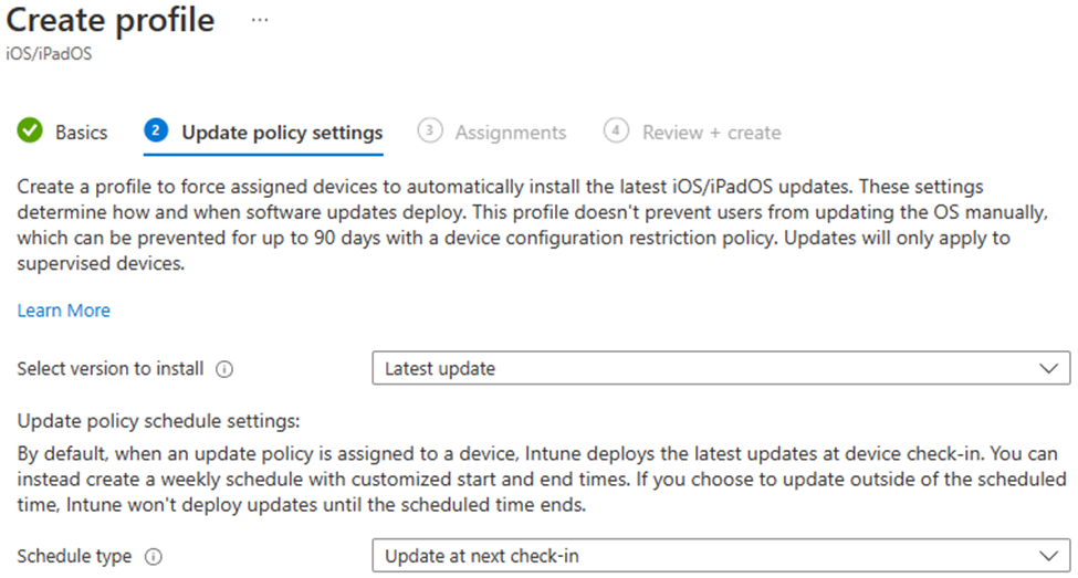 Screenshot that shows the select version to install and schedule type software update settings for iOS/iPadOS devices in the Microsoft Intune admin center.