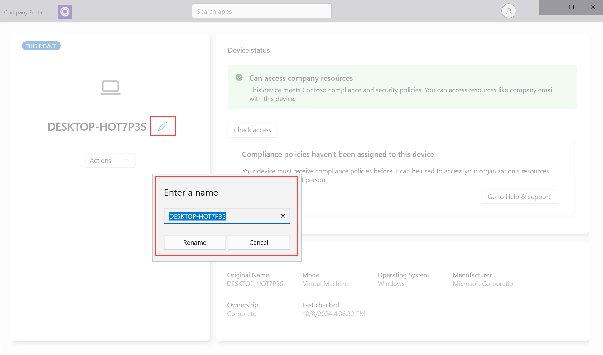 Example screenshot of the Company Portal app for Windows highlighting the edit pencil icon and rename settings.