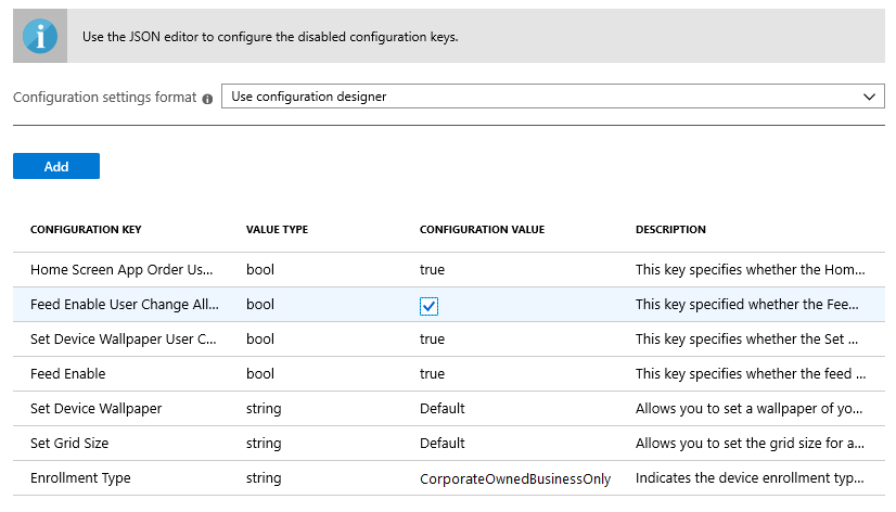 Configuration settings format - Enter JSON data