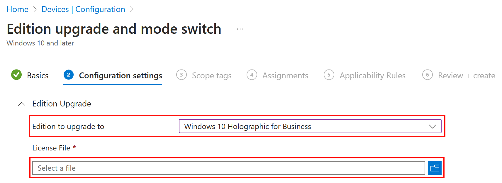 In Intune, enter the XML file name that includes the Holographic for Business license information.