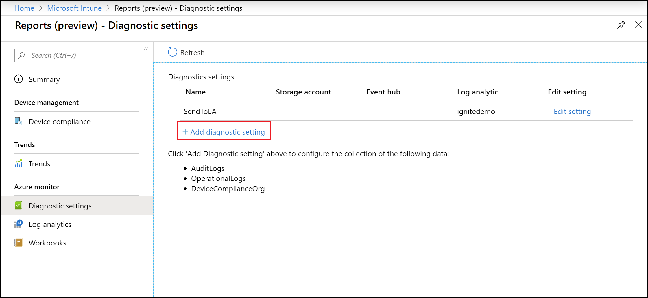 Intune Reports - Add diagnostic setting